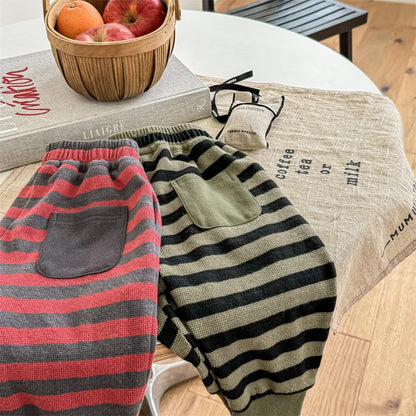 -キッズパンツ ボーダー柄ジョガーパンツ アーミーグリーン/レッド/2カラー - mamahalo shop - ロングパンツ・スウェットパンツ -  べビー服 - 子供服 - 男の子 - 女の子