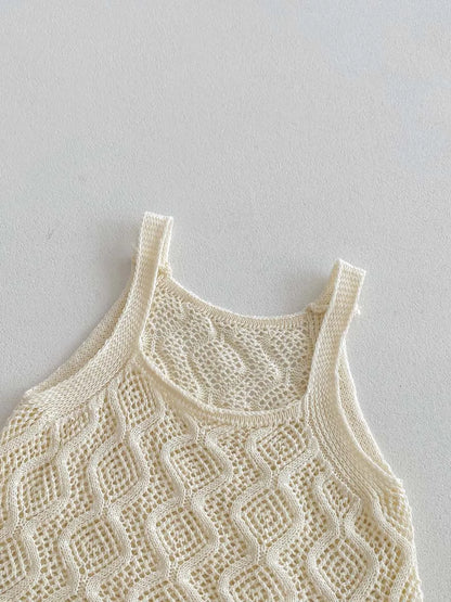 -キッズセットアップ 2点セット レースニット タンクトップベスト+ショートパンツ ベージュ【mh0006118】 - mamahalo shop - ノースリーブセットアップ -  べビー服 - 子供服 - 男の子 - 女の子