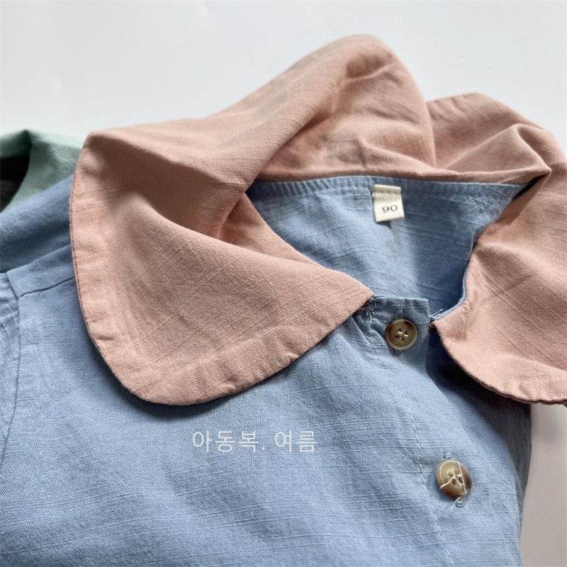 -キッズ セットアップ 丸襟 半袖 シャツ ブラウス ショートパンツ ベージュ ブルー グレー ユニセックス - mamahalo shop - 半袖セットアップ -  べビー服 - 子供服 - 男の子 - 女の子