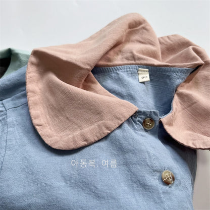 -キッズ セットアップ 丸襟 半袖 シャツ ブラウス ショートパンツ ベージュ ブルー グレー ユニセックス - mamahalo shop - 半袖セットアップ -  べビー服 - 子供服 - 男の子 - 女の子