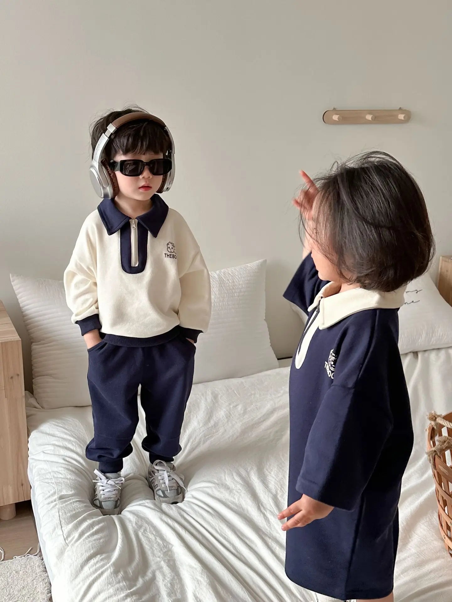 -キッズセットアップ 2点セット 長袖ハーフジップワンピース 長袖ハーフジップポロシャツ ロングパンツ リンクコーデ 兄弟姉妹 お揃いコーデ - mamahalo shop - 長袖セットアップ -  べビー服 - 子供服 - 男の子 - 女の子