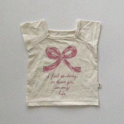 -ベビートップス ショートスリーブTシャツ リボンレターロゴプリント 2カラー【mh0005290】 - mamahalo shop - 半袖Tシャツ -  べビー服 - 子供服 - 男の子 - 女の子