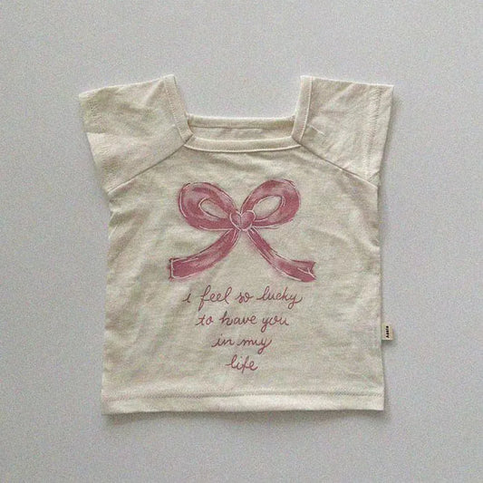 -ベビートップス ショートスリーブTシャツ リボンレターロゴプリント 2カラー【mh0005290】 - mamahalo shop - 半袖Tシャツ -  べビー服 - 子供服 - 男の子 - 女の子