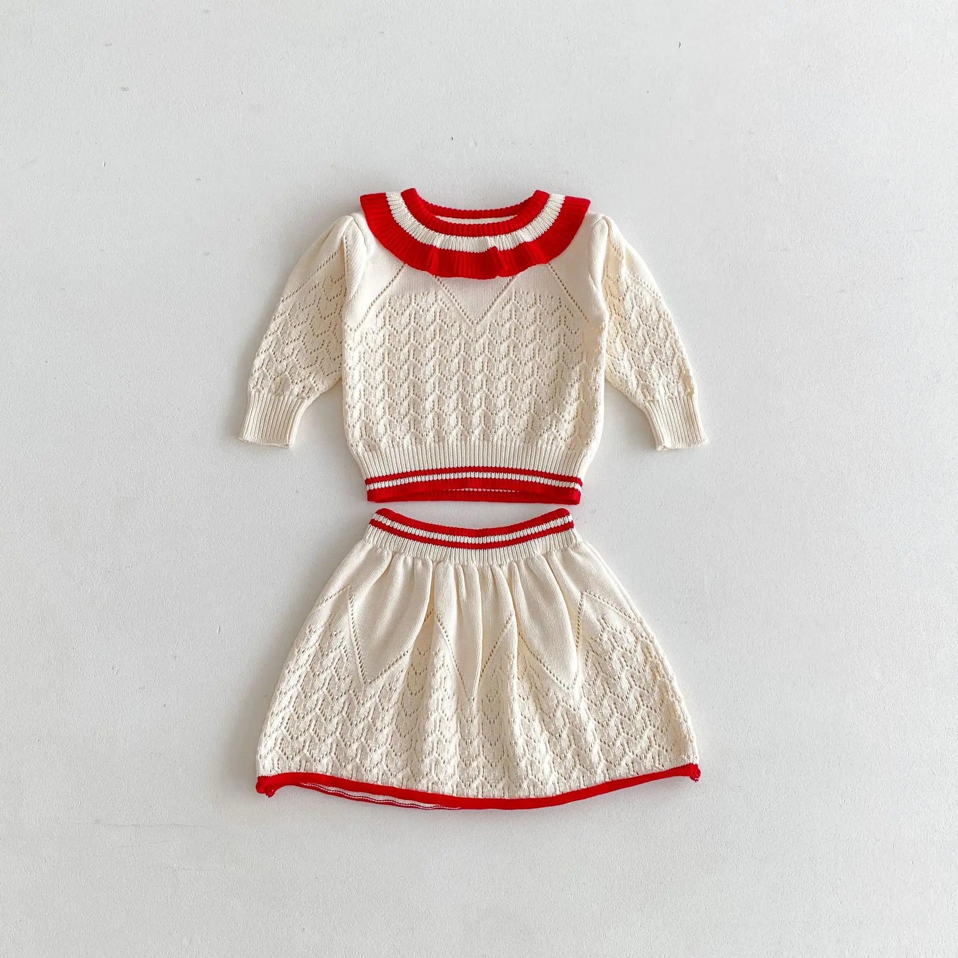 -キッズトップス/スカート レースニットフリルサークル襟セーター/レースニットAラインスカート 2カラー - mamahalo shop - 長袖セットアップ -  べビー服 - 子供服 - 男の子 - 女の子