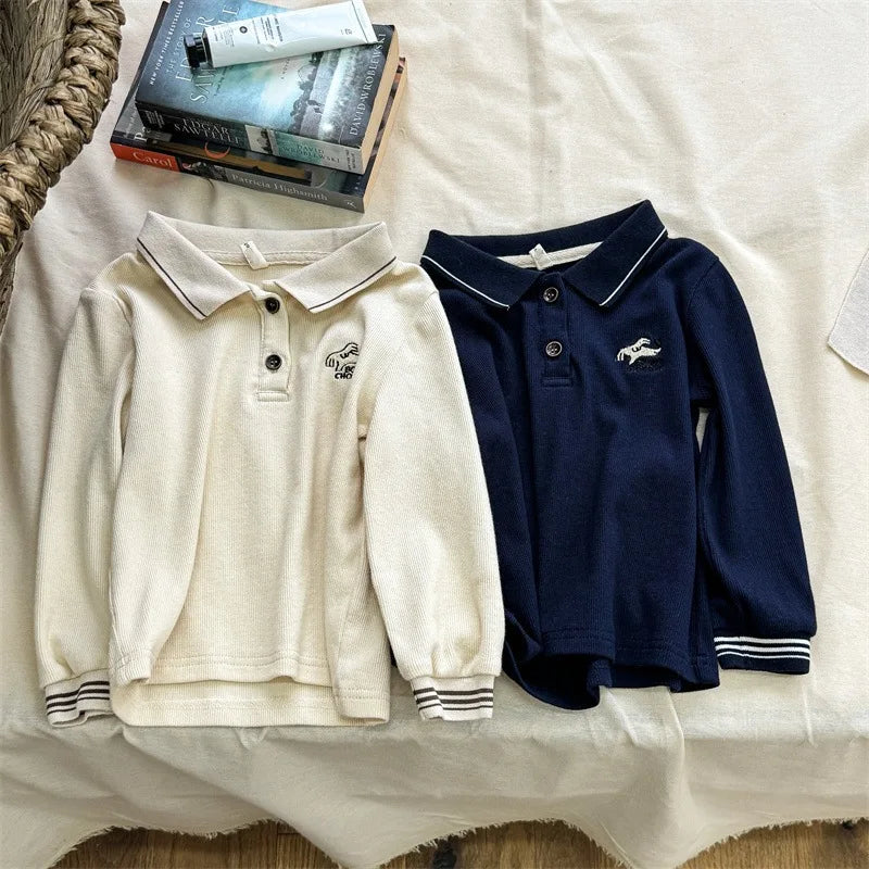 -キッズトップス 犬刺繍ワンポイント長袖ポロシャツ 2カラー - mamahalo shop - 長袖シャツ・ブラウス -  べビー服 - 子供服 - 男の子 - 女の子