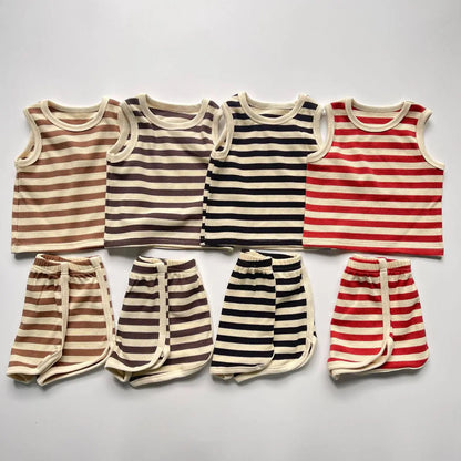 -ベビーセットアップ 2点セット タンクトップ+ショートパンツ ボーダー 4カラー【mh0004984】 - mamahalo shop - ノースリーブセットアップ -  べビー服 - 子供服 - 男の子 - 女の子