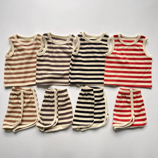 -ベビーセットアップ 2点セット タンクトップ+ショートパンツ ボーダー 4カラー【mh0004984】 - mamahalo shop - ノースリーブセットアップ -  べビー服 - 子供服 - 男の子 - 女の子