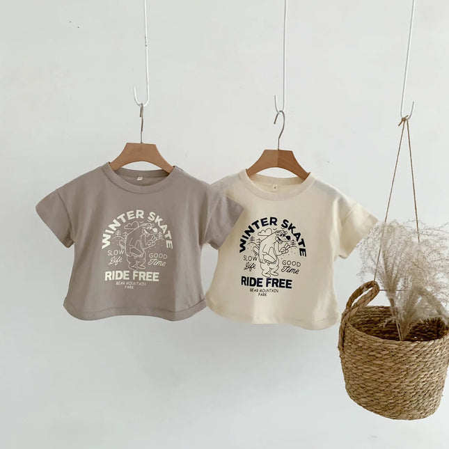 キッズトップス 半袖プリントTシャツ ベアくまスケート 2カラー - mamahalo shop - 半袖Tシャツ - ベビー服 - 子供服 - 男の子 - 女の子