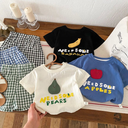 -ベビーキッズセットアップ 2点セット 半袖アップリケTシャツ+チェックショートパンツ フルーツ 3カラー - mamahalo shop - 半袖セットアップ -  べビー服 - 子供服 - 男の子 - 女の子