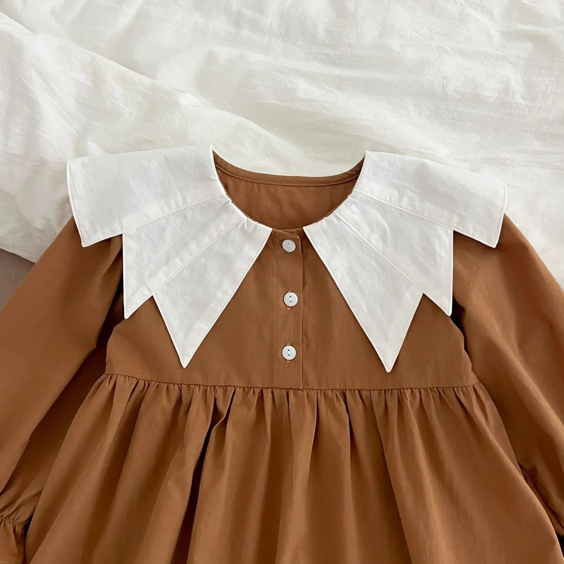 -ベビーロンパース/キッズワンピース ギザギザ襟長袖パフスリーブボディスーツ/ワンピース リンクコーデ 姉妹 お揃いコーデ - mamahalo shop - 長袖ロンパース -  べビー服 - 子供服 - 男の子 - 女の子