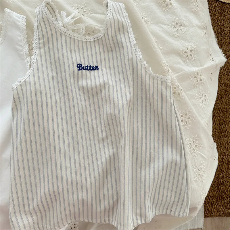 -キッズワンピース レース 刺繍 ノースリーブ オーバーワンピース 無地/ストライプ - mamahalo shop - ノースリーブワンピース -  べビー服 - 子供服 - 男の子 - 女の子