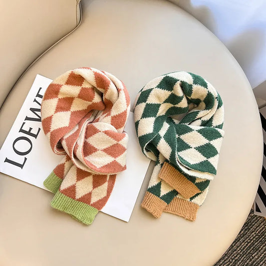 -キッズ ダイヤチェック ニット マフラー スカーフ - mamahalo shop - ネックウォーマー -  べビー服 - 子供服 - 男の子 - 女の子