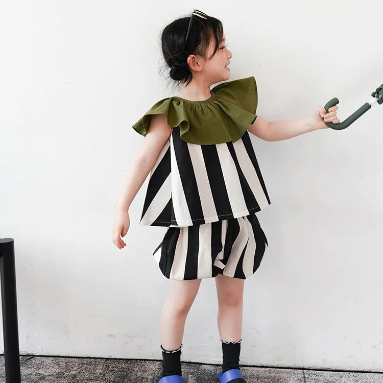 -キッズ ストライプ セットアップ フリルカラー 半袖 ブラウス バルーン ショートパンツ - mamahalo shop - ノースリーブセットアップ -  べビー服 - 子供服 - 男の子 - 女の子