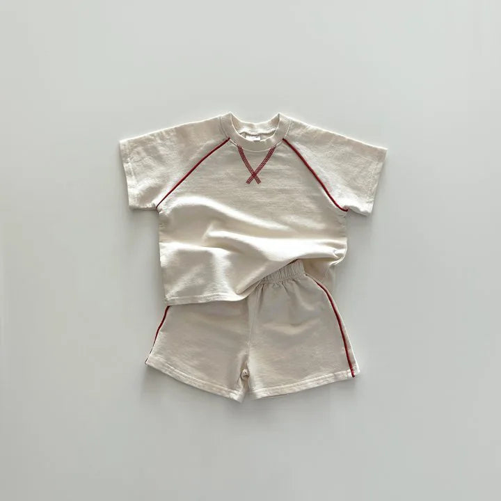 -キッズセットアップ 2点セット ステッチ半袖Tシャツ+ショートパンツ 2カラー【mh0005375】 - mamahalo shop - 半袖セットアップ -  べビー服 - 子供服 - 男の子 - 女の子