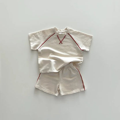 -キッズセットアップ 2点セット ステッチ半袖Tシャツ+ショートパンツ 2カラー【mh0005375】 - mamahalo shop - 半袖セットアップ -  べビー服 - 子供服 - 男の子 - 女の子