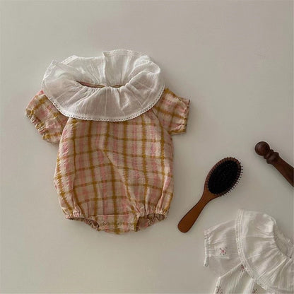-ベビー フラワー 小花柄 チェック フリルカラー 半袖 ロンパース ホワイト イエローピンク ガールズ【mh0002041】 - mamahalo shop - 半袖ロンパース -  べビー服 - 子供服 - 男の子 - 女の子