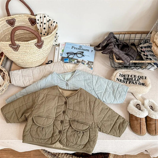 -キッズ キルティングジャケット ショートコート ジャンパー ベージュ スカイブルー アーミーグリーン 3カラー ユニセックス 男の子 女の子 子供服 - mamahalo shop - ショートコート・ジャケット・ジャンパー -  べビー服 - 子供服 - 男の子 - 女の子