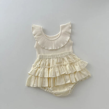 -ベビーセットアップ 2点セット サークル襟ノースリーブトップス+フリルブルマパンツ ベージュ - mamahalo shop - ノースリーブセットアップ -  べビー服 - 子供服 - 男の子 - 女の子