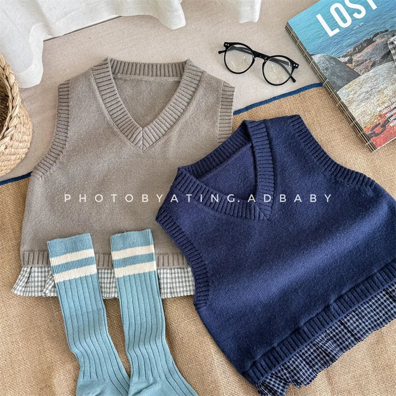 -キッズベスト ニットVネックベスト チェックプリーツペプラム 2カラー - mamahalo shop - ベスト -  べビー服 - 子供服 - 男の子 - 女の子