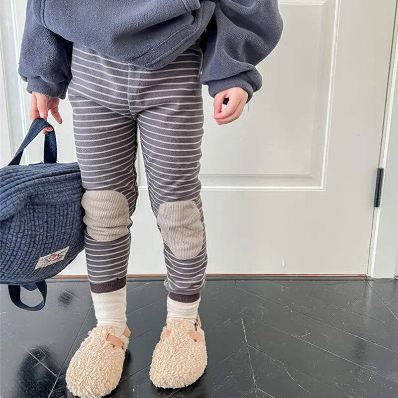 -キッズ ボーダー 膝パッチ 裏起毛 レギンス レギパン - mamahalo shop - レギンスパンツ -  べビー服 - 子供服 - 男の子 - 女の子