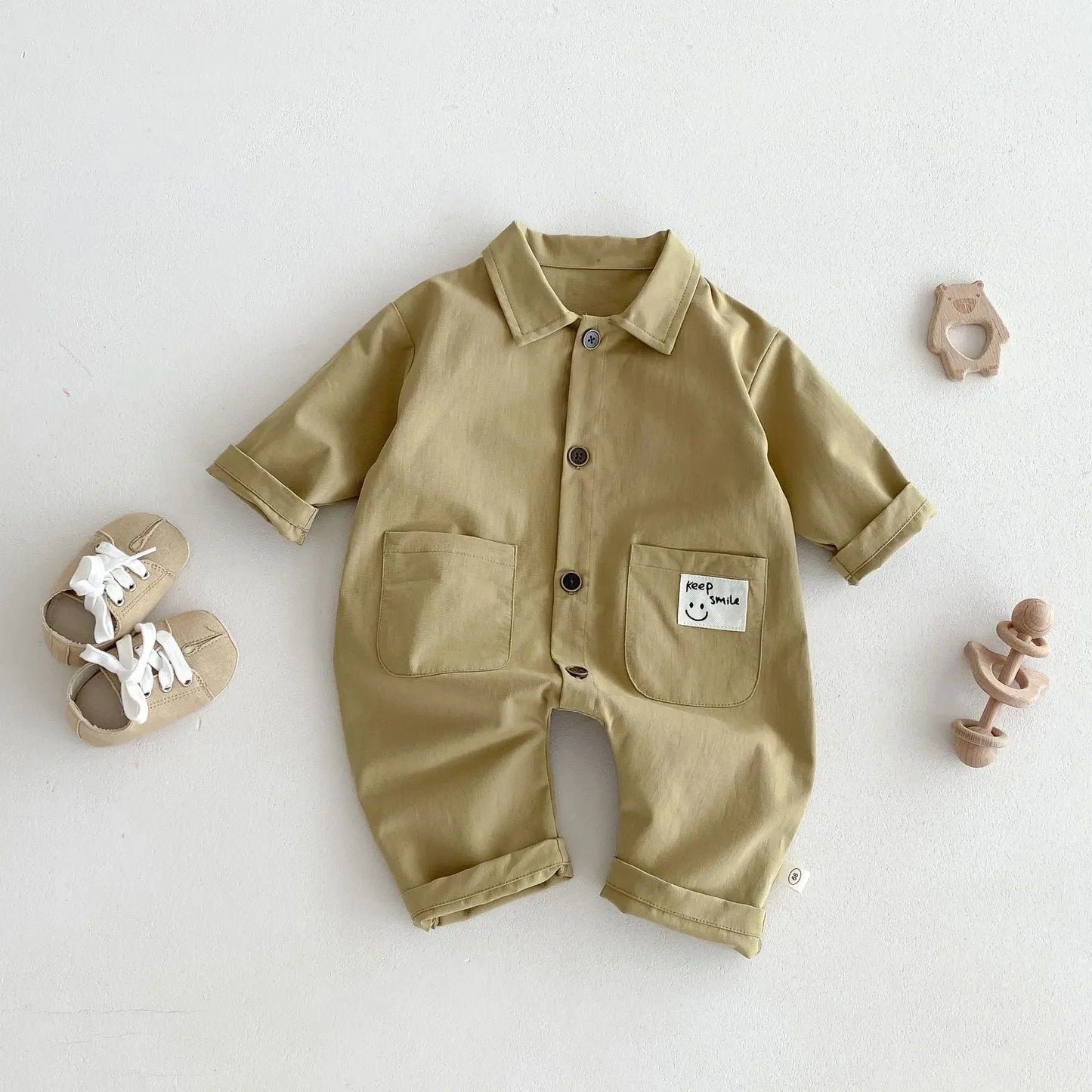 -ベビージャンプスーツ バックプリント長袖シャツつなぎ 2カラー - mamahalo shop - 長袖ジャンプスーツ -  べビー服 - 子供服 - 男の子 - 女の子