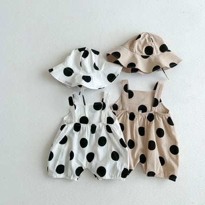 -ベビーロンパース 帽子セット サスペンダーボディスーツ 水玉ポルカドットプリント サマーハットセット 2カラー【mh0006080】 - mamahalo shop - ノースリーブロンパース -  べビー服 - 子供服 - 男の子 - 女の子