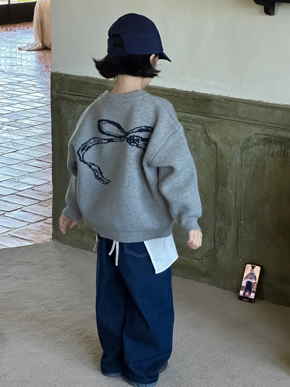 -キッズトップス ビッグリボン長袖ニットセーター グレー - mamahalo shop - ニット・セーター -  べビー服 - 子供服 - 男の子 - 女の子