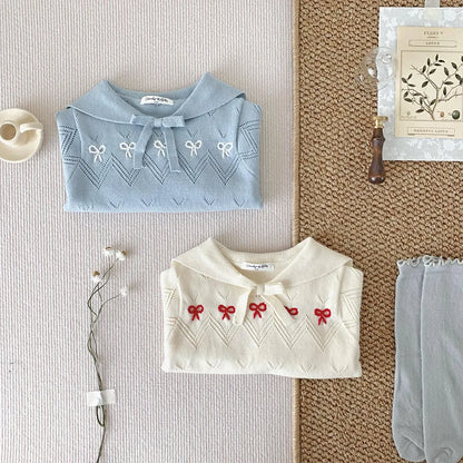 -ベビーキッズトップス ニット セーター セーラーカラー リボン刺繍 ブルー/ベージュ/2カラー【mh0004506】 - mamahalo shop - ニット・セーター -  べビー服 - 子供服 - 男の子 - 女の子