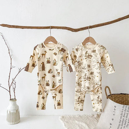 -ベビーロンパース/パンツ/ボンネット フォレストアニマルプリント長袖ボディスーツ/ロングパンツ/帽子 4デザイン【mh0006931】 - mamahalo shop - ロンパースセットアップ -  べビー服 - 子供服 - 男の子 - 女の子