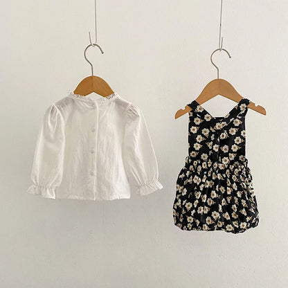 -ベビーセットアップ 2点セット 長袖フリルブラウス+ショートオーバーオール サロペットバルーンパンツ - mamahalo shop - 長袖セットアップ -  べビー服 - 子供服 - 男の子 - 女の子