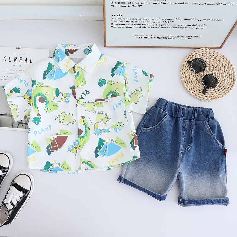 -キッズセットアップ 2点セット 半袖プリントシャツ+デニムハーフパンツ 2カラー【mh0006164】 - mamahalo shop - 半袖セットアップ -  べビー服 - 子供服 - 男の子 - 女の子