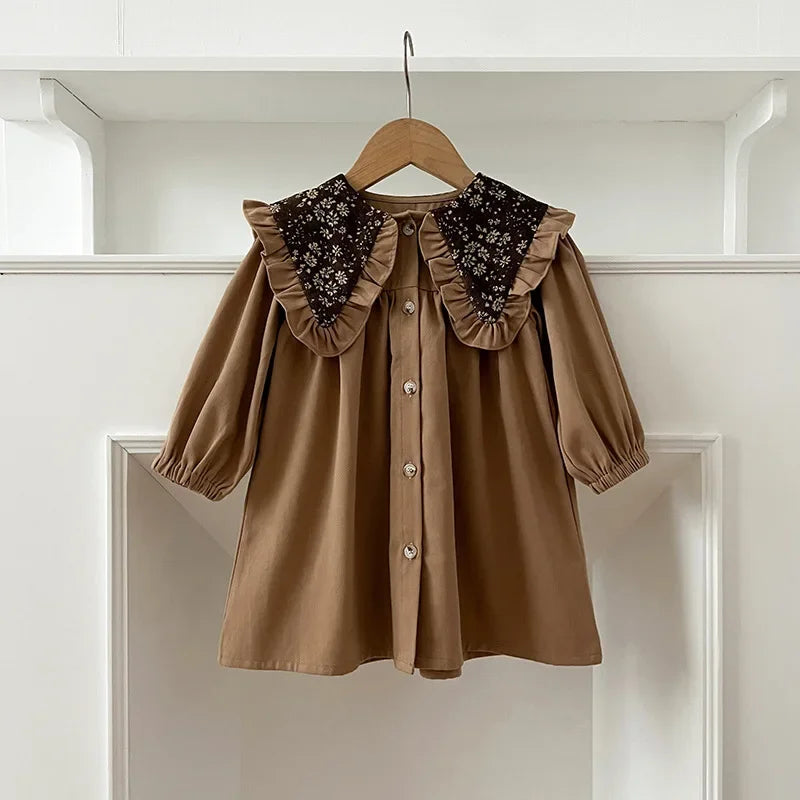 -ベビーロンパース/キッズワンピース レトロフラワービッグ襟長袖パフスリーブボディスーツ/ワンピース リンクコーデ 姉妹 お揃いコーデ - mamahalo shop - 長袖ロンパース -  べビー服 - 子供服 - 男の子 - 女の子