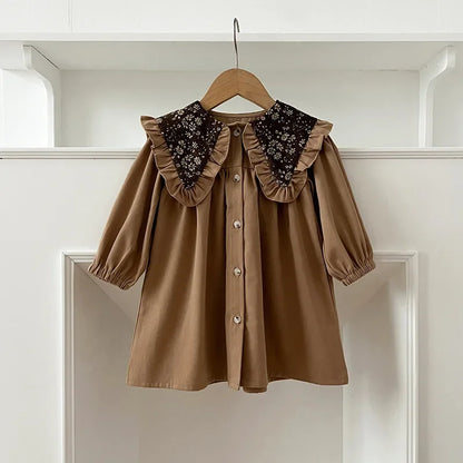 -ベビーロンパース/キッズワンピース レトロフラワービッグ襟長袖パフスリーブボディスーツ/ワンピース リンクコーデ 姉妹 お揃いコーデ - mamahalo shop - 長袖ロンパース -  べビー服 - 子供服 - 男の子 - 女の子