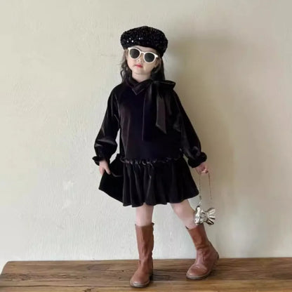 -キッズワンピース ビッグリボンフェイクベルベットウエストマーク長袖ドレスワンピース ダークコーヒー - mamahalo shop - 長袖ワンピース -  べビー服 - 子供服 - 男の子 - 女の子