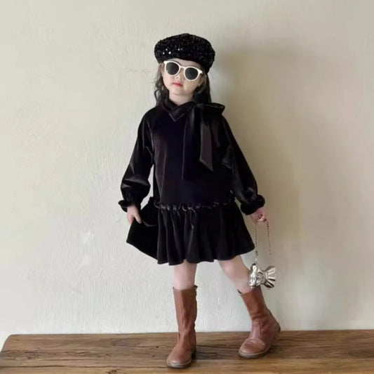 -キッズワンピース ビッグリボンフェイクベルベットウエストマーク長袖ドレスワンピース ダークコーヒー - mamahalo shop - 長袖ワンピース -  べビー服 - 子供服 - 男の子 - 女の子