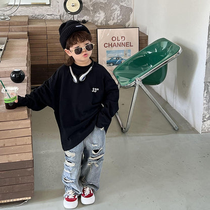 -キッズ ダメージ加工 デニム ルーズ ワイド パンツ ジーンズ ジーパン ボーイズ - mamahalo shop - デニムパンツ -  べビー服 - 子供服 - 男の子 - 女の子