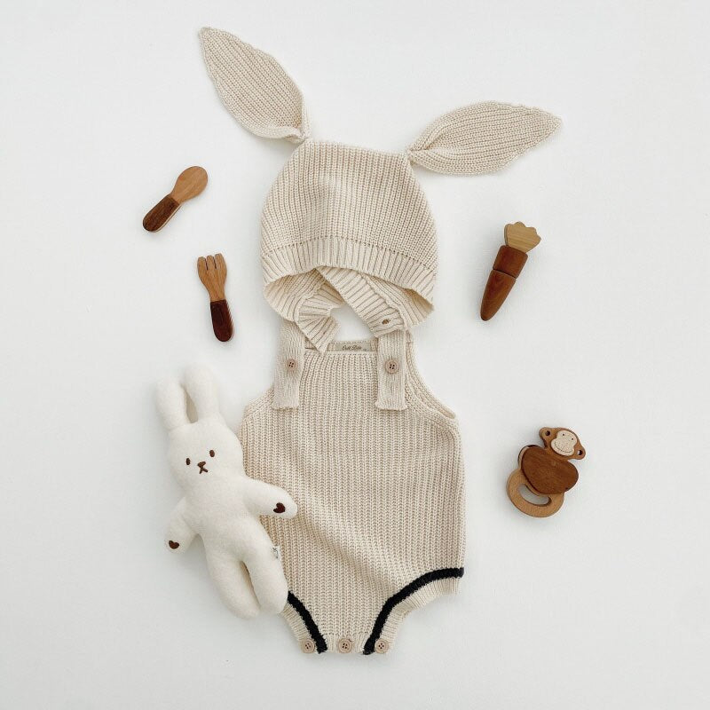 -ベビー ニット サスペンダー ロンパース うさ耳 帽子 セット ガールズ - mamahalo shop - ノースリーブロンパース -  べビー服 - 子供服 - 男の子 - 女の子