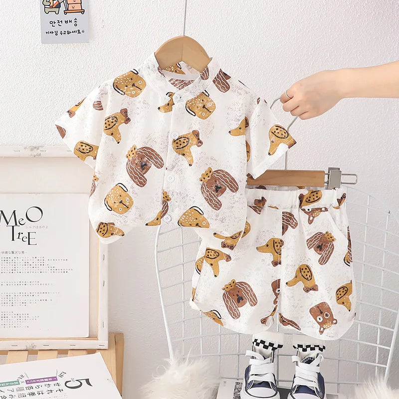 -キッズセットアップ 2点セット 半袖シャツ+ショートパンツ 犬ドッグプリント 2カラー【mh0006170】 - mamahalo shop - 半袖セットアップ -  べビー服 - 子供服 - 男の子 - 女の子