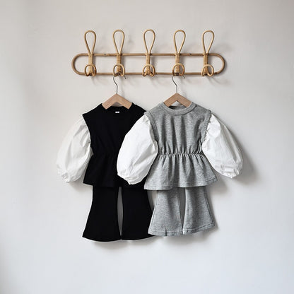 -キッズ セットアップ 長袖 パッチワーク チュニック ブラウス フレア ロングパンツ ブラック グレー ガールズ - mamahalo shop - 長袖セットアップ -  べビー服 - 子供服 - 男の子 - 女の子