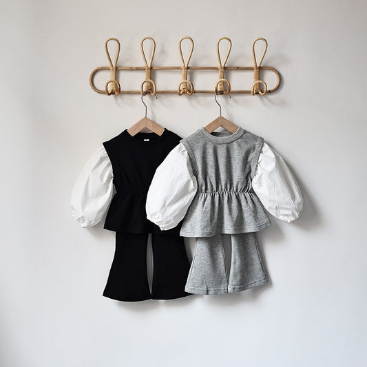 -キッズ セットアップ 長袖 パッチワーク チュニック ブラウス フレア ロングパンツ ブラック グレー ガールズ - mamahalo shop - 長袖セットアップ -  べビー服 - 子供服 - 男の子 - 女の子