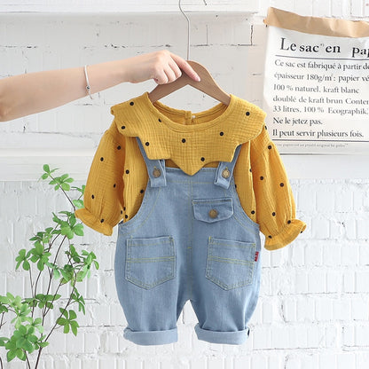 -ベビー キッズ セットアップ 水玉 ドット フリルカラー 長袖 ブラウス シャツ デニム オーバーオール ロンパース イエロー ホワイト ガールズ - mamahalo shop - 長袖セットアップ -  べビー服 - 子供服 - 男の子 - 女の子