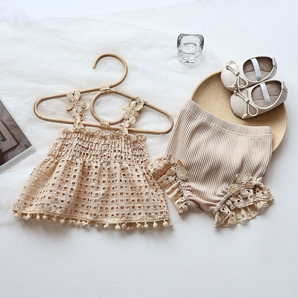 -ベビー セットアップ レース フラワー キャミソール チュニック ブラウス フリル ブルマパンツ ショートパンツ ガールズ【mh0002162】 - mamahalo shop - ノースリーブセットアップ -  べビー服 - 子供服 - 男の子 - 女の子