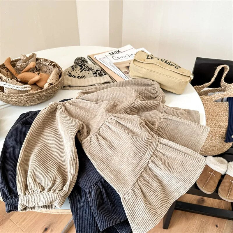 -キッズ 長袖ワンピース コーデュロイ ドレスワンピース カーキ ネイビーブルー 2カラー ガールズ 女の子 子供服 - mamahalo shop - 長袖ワンピース -  べビー服 - 子供服 - 男の子 - 女の子