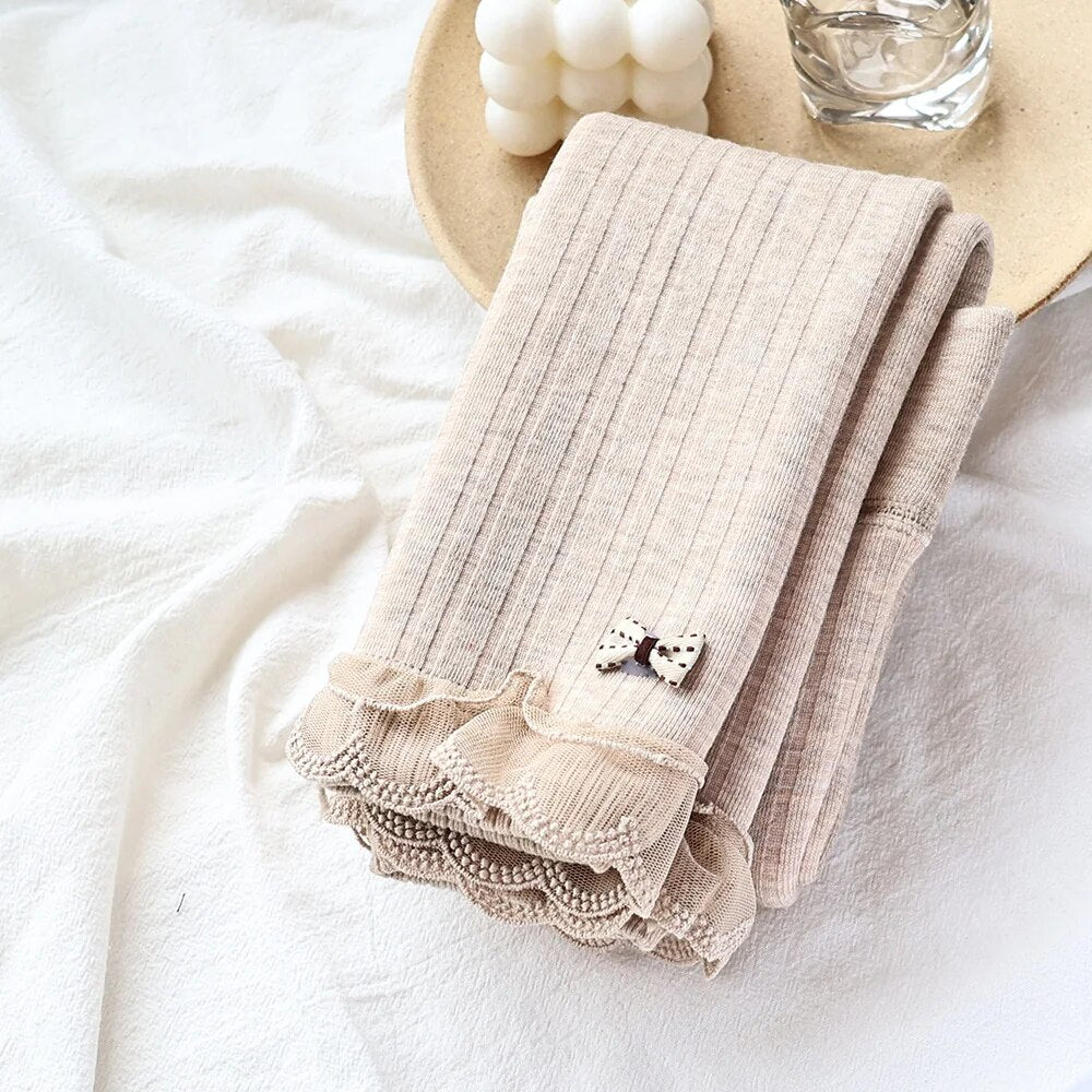 -キッズレギンス 裏ボア 暖パン レギンスパンツ レギパン タイツ リボン レースフリル カーキ グレー ベージュ 3カラー ガールズ 女の子 子供服 - mamahalo shop - レギンスパンツ -  べビー服 - 子供服 - 男の子 - 女の子