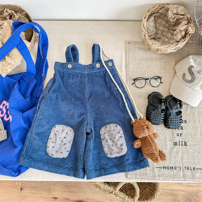 -キッズ コーデュロイ フラワー 膝パッチ サスペンダーパンツ サロペット パンツ ガールズ - mamahalo shop - サロペットパンツ・サスペンダーパンツ -  べビー服 - 子供服 - 男の子 - 女の子