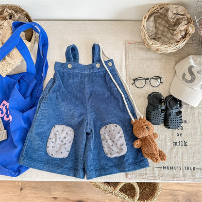 -キッズ コーデュロイ フラワー 膝パッチ サスペンダーパンツ サロペット パンツ ガールズ - mamahalo shop - サロペットパンツ・サスペンダーパンツ -  べビー服 - 子供服 - 男の子 - 女の子