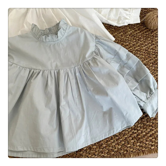-キッズトップス 長袖ブラウス フリルスタンドカラー ホワイト/ライトブルー/2カラー - mamahalo shop - 長袖シャツ・ブラウス -  べビー服 - 子供服 - 男の子 - 女の子