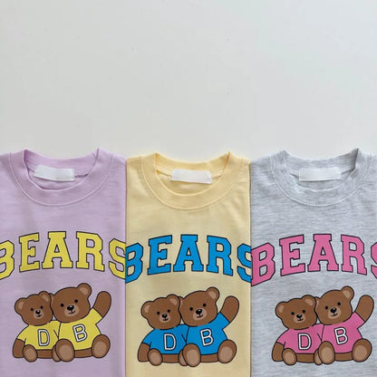 -キッズセットアップ 2点セット 半袖Tシャツ+ショートパンツ レターロゴベアくまプリント 3カラー【mh0005575】 - mamahalo shop - 半袖セットアップ -  べビー服 - 子供服 - 男の子 - 女の子