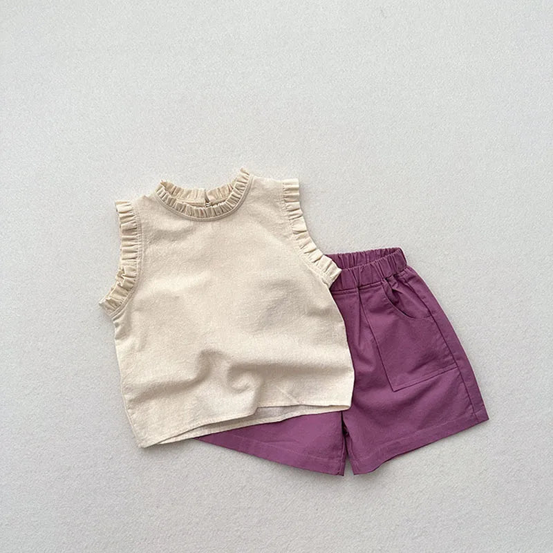 -キッズトップス スタンドフリル ノースリーブブラウス 無地/フラワー小花柄プリント - mamahalo shop - タンクトップ・キャミソール・ノースリーブトップス -  べビー服 - 子供服 - 男の子 - 女の子