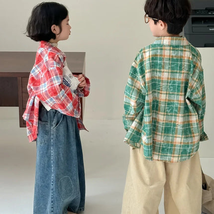 キッズトップス チェック長袖ルーズシャツ 2カラー - mamahalo shop - 長袖シャツ・ブラウス -  べビー服 - 子供服 - 男の子 - 女の子